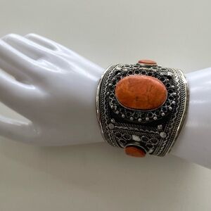 TRIBAL BOHEMIAN Silver Tone Cuff Bracelet Wide handmade style 3 orange Stone 7